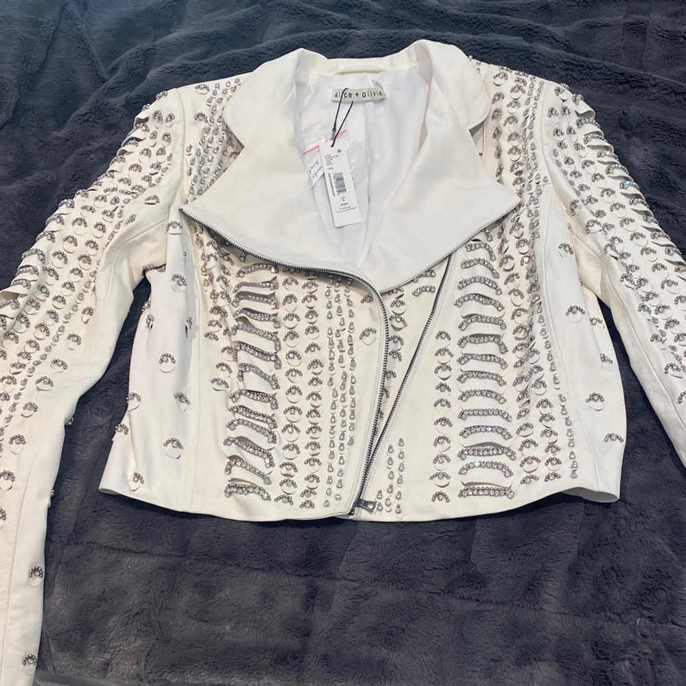 Alice and Olivia  Ivory Leather Jacket with Metallic and Crystal Accents
